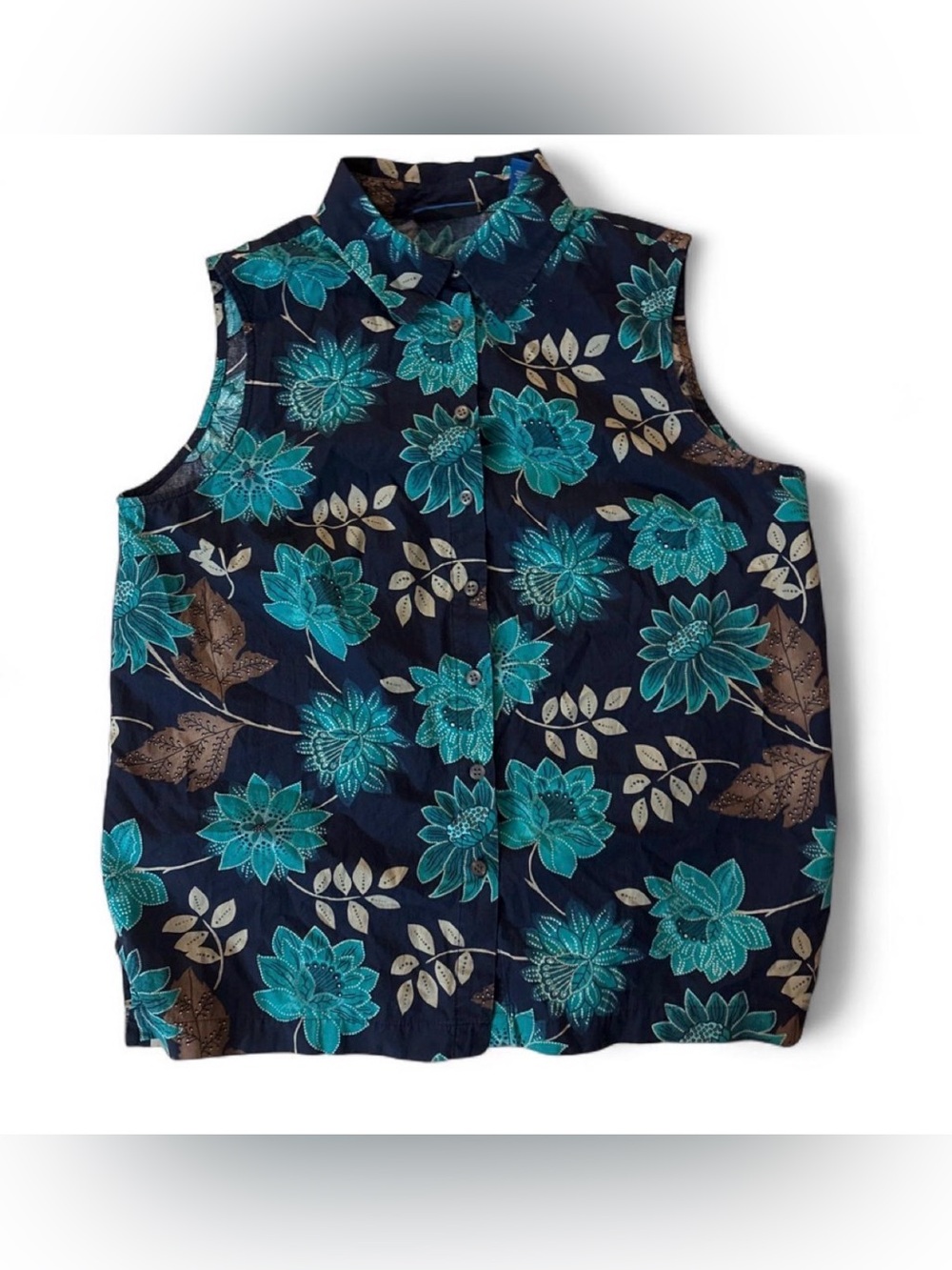 Karen Scott Navy Sleeveless Button-Up Top with Teal Floral Print-100% Cotton